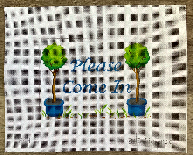 DH-14 - “Please Come In” Topiaries in Blue Pots w/ Blue Lettering on White