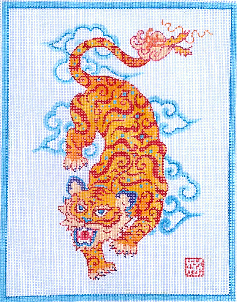 Roaring Tiger with Stylized Clouds & Blue Border