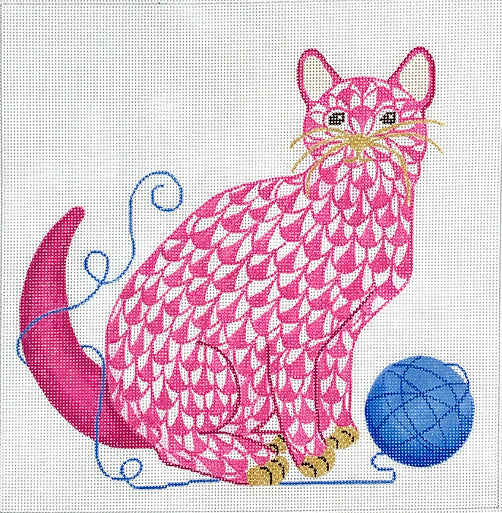 PL-513: Herend-inspired Fishnet Cat w/ Ball of Yarn – pink & blue w/ gold