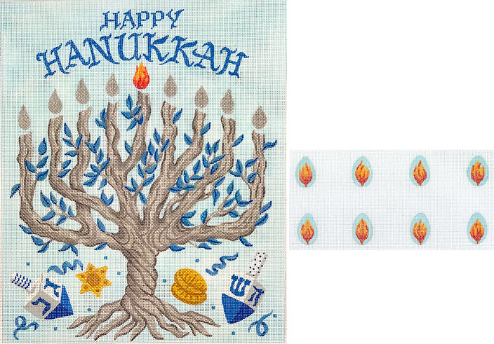 MEN-03: Menorah Set – Tree of Life with Individual Flames – blues, silvers, golds, oranges & sparkles