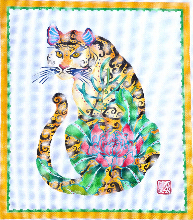 GM-PL-05 Decorative Tiger with Pink Peon, Leaves, &Yellow & Green