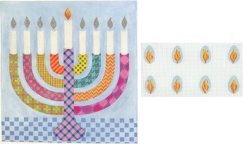 MEN-02: Menorah Set – Bright Funky Patterns w/ Damask Background with Individual Flames – multi colors