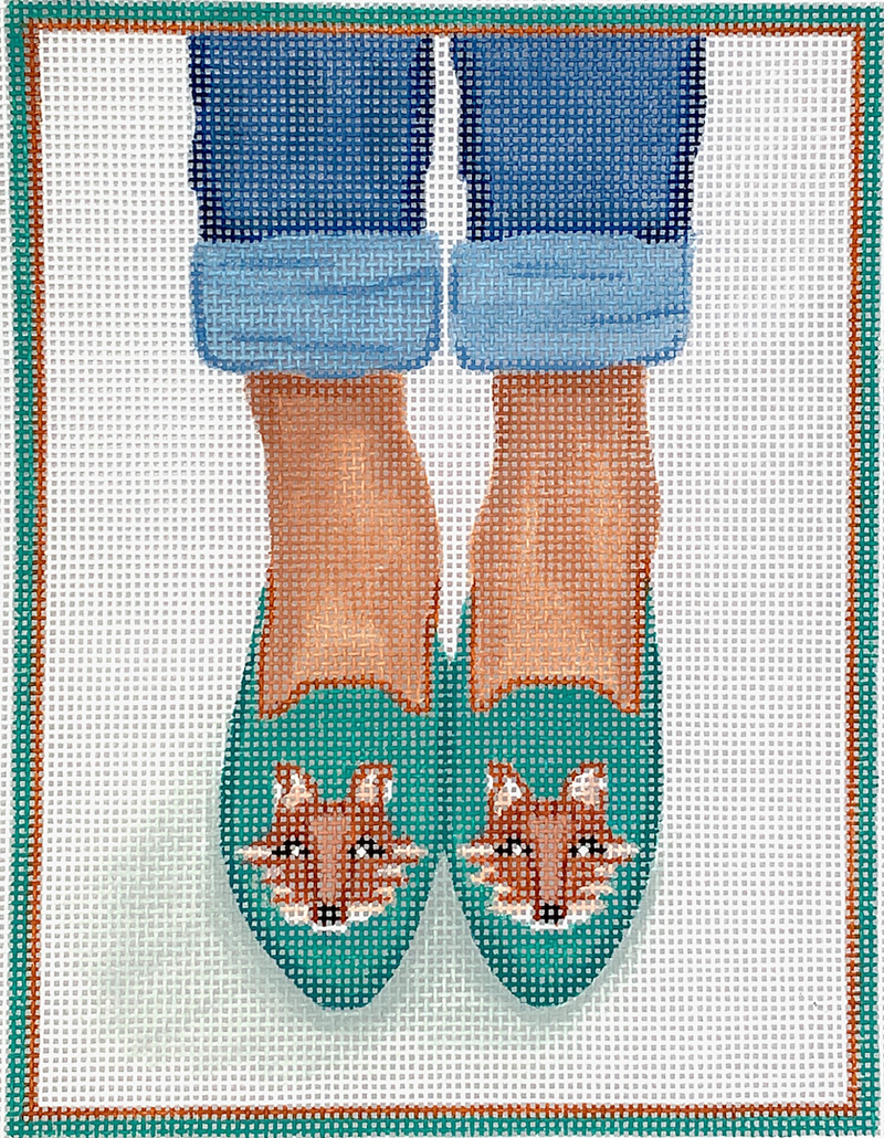 PL-473 Here’s Looking At Shoe - Needlepoint Fox Head Loafers - tans on teal