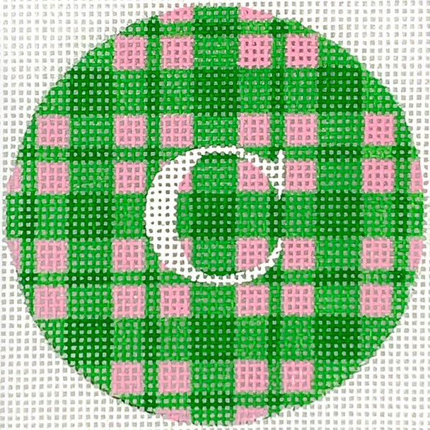 ALB-92: Bright Disk Letter – Madras Plaid – kelly greens & bright pink w/ white letter