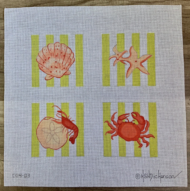 CO4-03 - Set of 4 Coasters – Shells & Crustaceans on Cabana Stripes – corals & lime