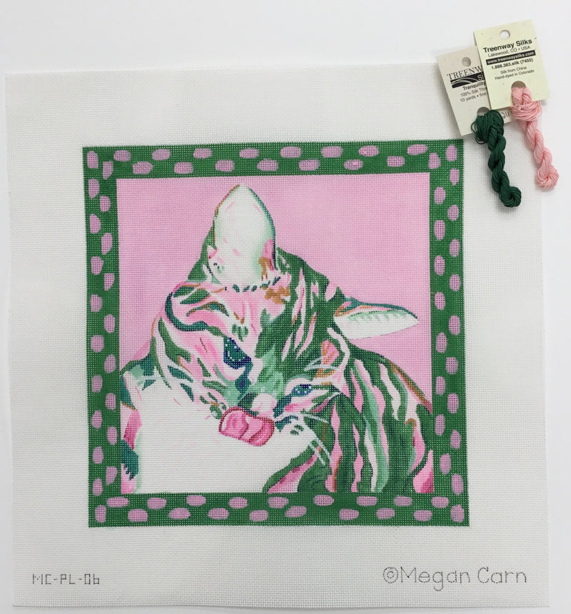MC-PL-06 - Megan Carn Pippa the Calico Cat – pinks & greens w/ spotted border