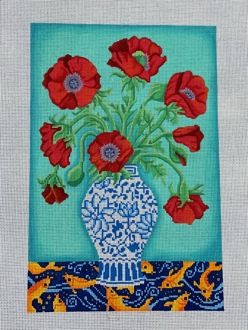 B-527 Red Poppies in Blue-White Vase