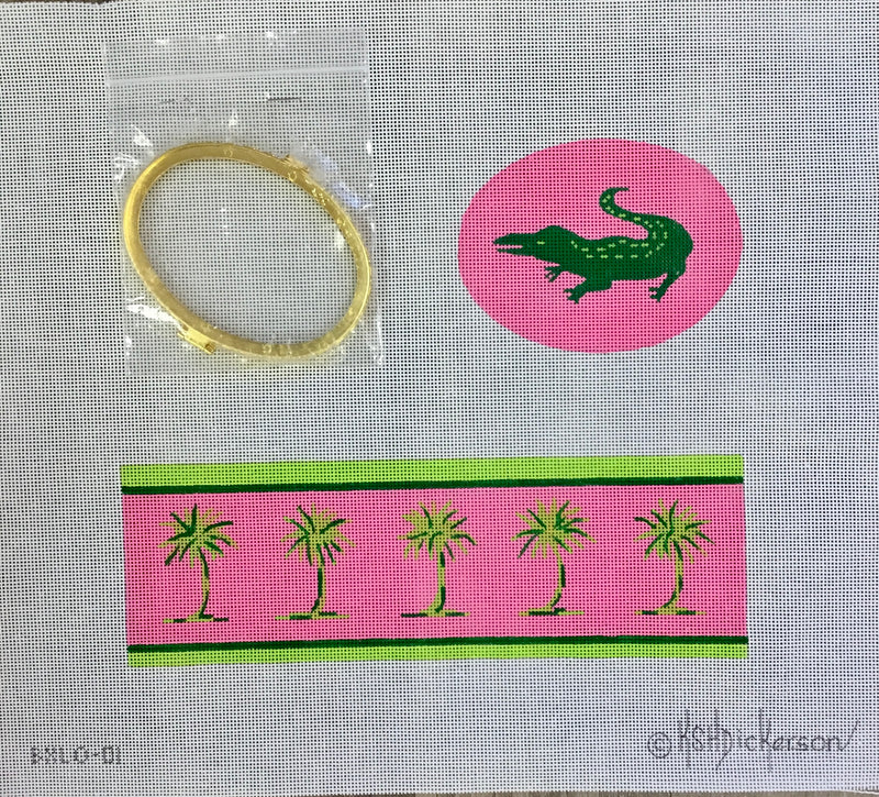 BXLO-01 - Limoges Box – Lg. Oval Green Gator & Palms on Hot Pink (gold clasp)