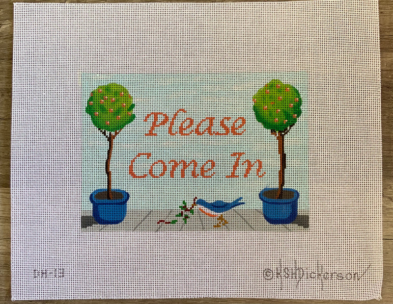 DH-13 - “Please Come In” Topiaries in Blue Pots & Bluebird w/ Coral Lettering on Sky