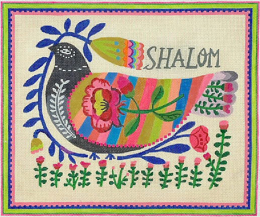 CG-PL-10: Carolyn Gavin – Shalom Dove with Flowers – multi color (on 13 mesh)