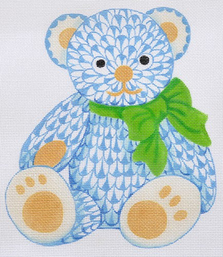 Herend Inspired Fishnet Teddy Bear - Blues w/ Greens & Gold