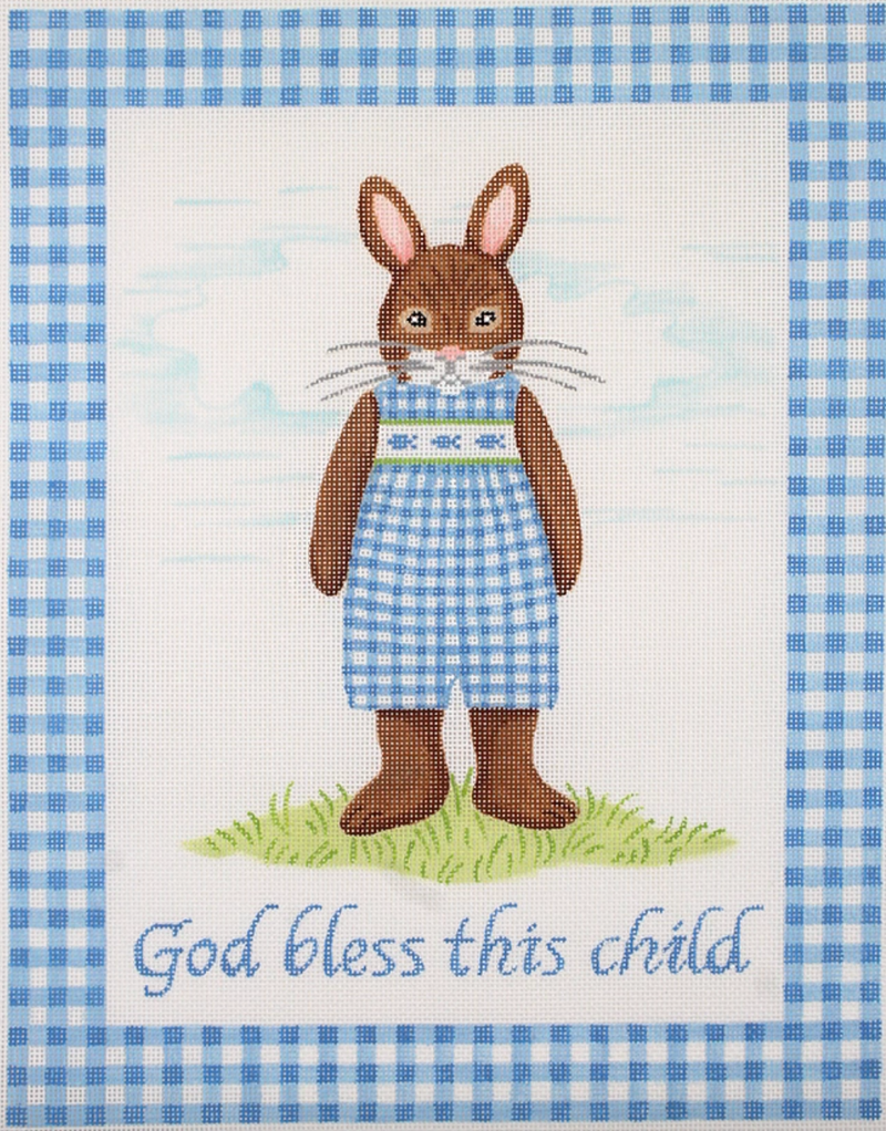 KR-PL-01 - Kelly Rightsell – “God bless this child” Boy Bunny w/ Blue Gingham Border