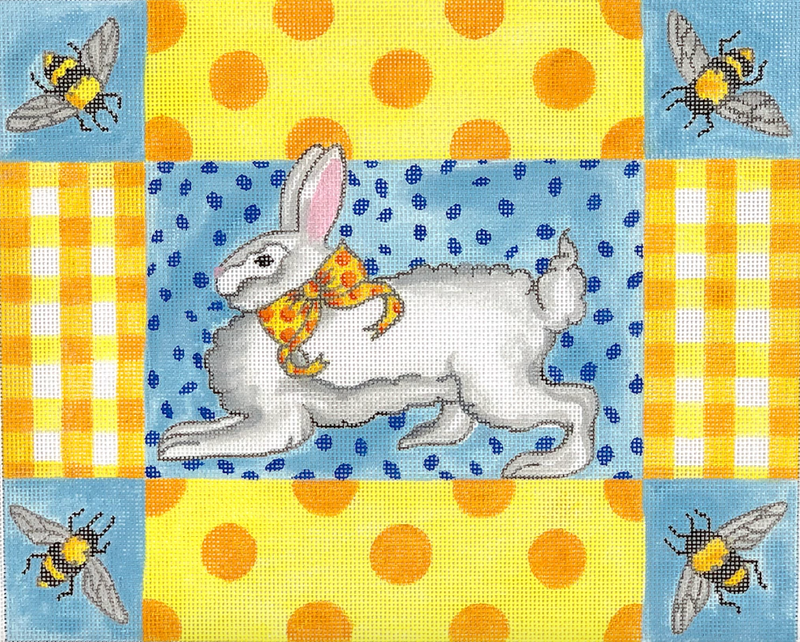 KR-PL-10 - Kelly Rightsell – Running Bunny with Bees, Gingham & Polka Dots – yellows, oranges & blues