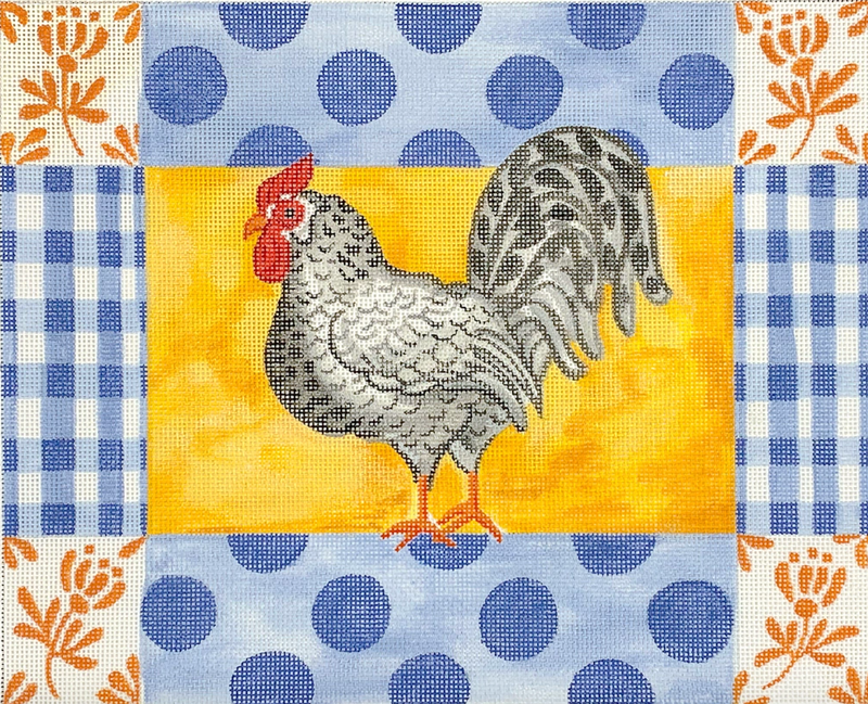 KR-PL-13 - Kelly Rightsell – Rooster with Blue Polka Dots, Gingham and Orange Damask Flowers