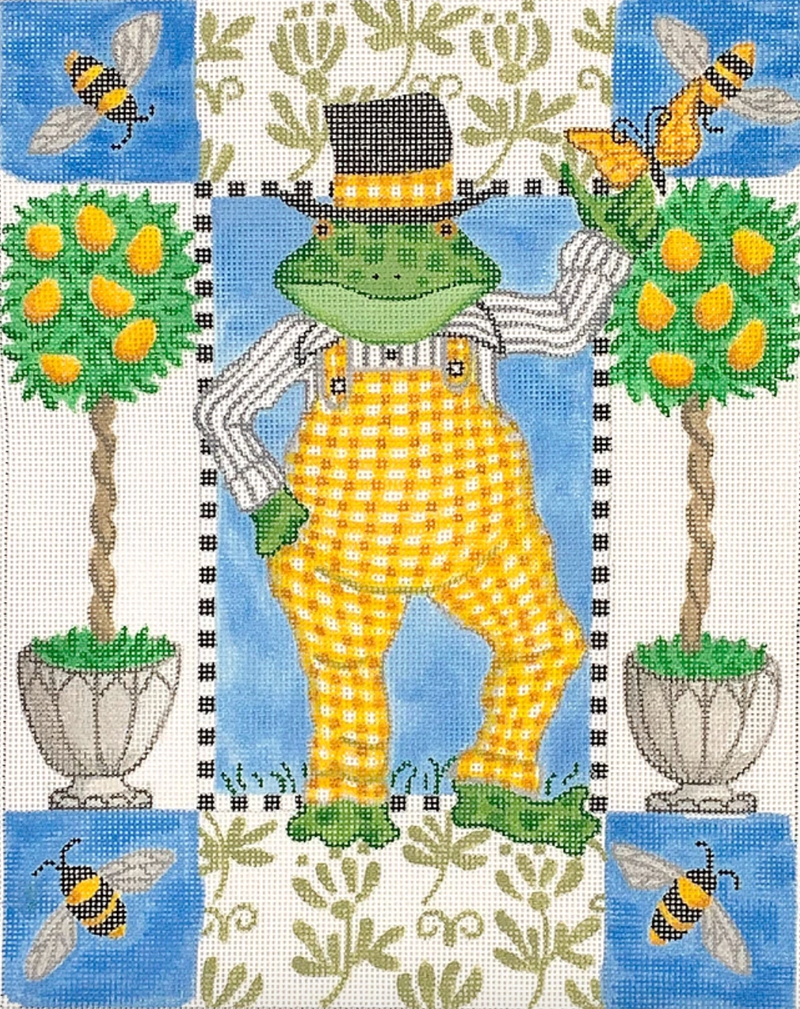 KR-PL-21 - Kelly Rightsell – Frog in Yellow Gingham Overalls with Bees & Lemon Topiaries