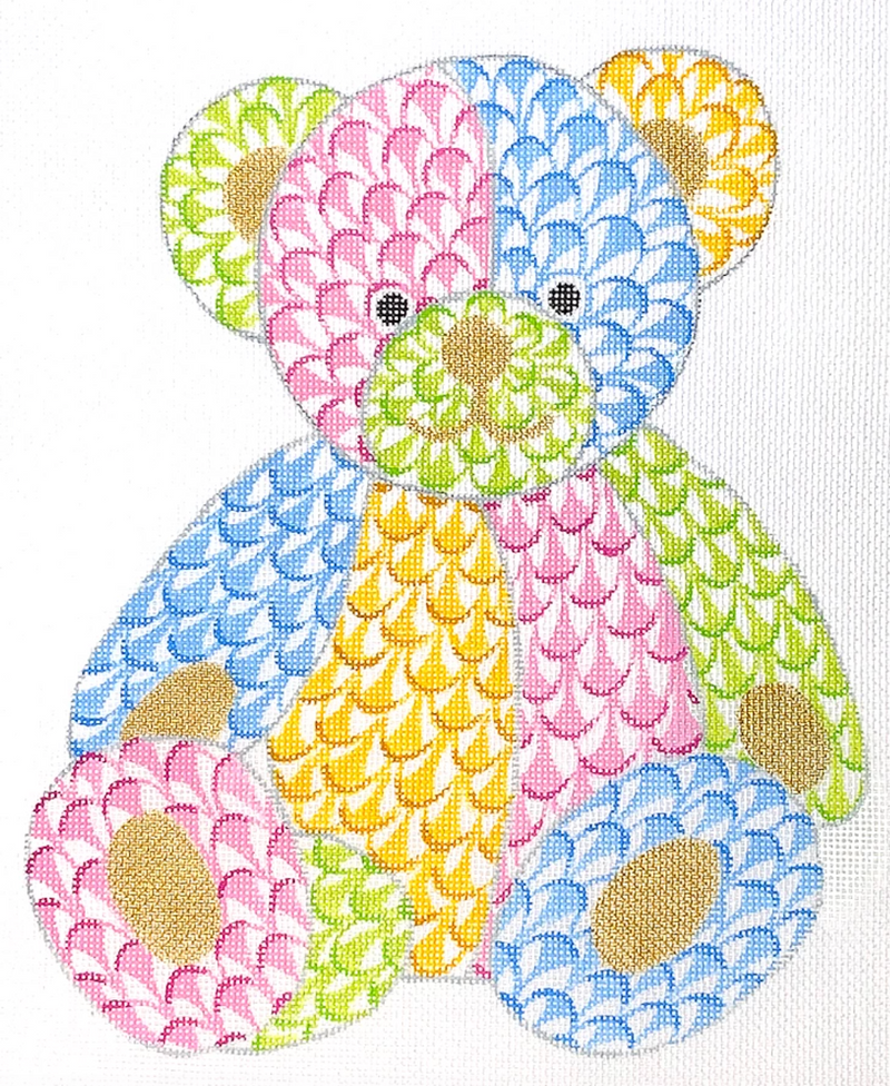 SST-335 - Herend-inspired Fishnet Patchwork Teddy Bear – pinks, blues, yellows & greens with gold