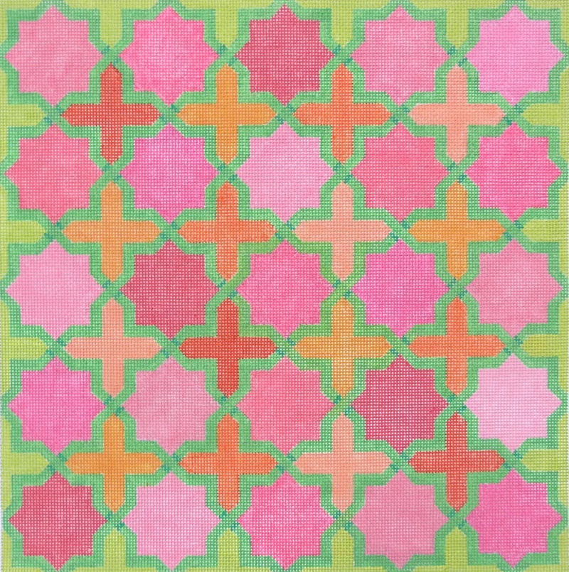 PL-140 - Moroccan Tiles – Crosses & Stars in pinks, oranges w/ greens (stitch guide in notebook)