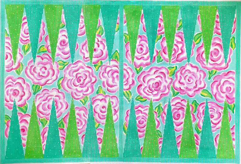 BGB-05: Backgammon Board Canvas – Lilly-inspired Roses – pinks, greens & turquoise 13 mesh