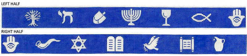 BL-89: Belt – Jewish Symbols – white on bright blue