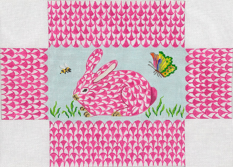 BR-33: Brick – Fishnet Pink Bunny in the Grass with Bee & Butterfly
