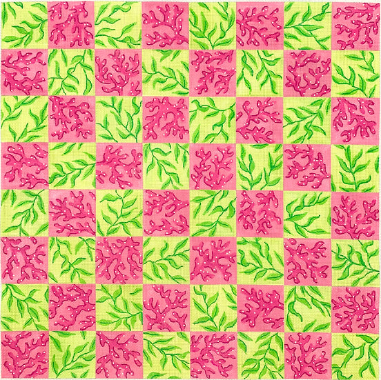 CHB-04: Chess/Checkers Board – Lilly-inspired Coral & Vines – pinks & greens