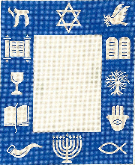 FR-75: Frame – Judaic Symbols – sparkly white on bright blue