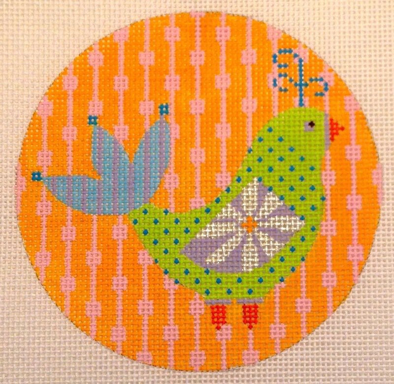 Mod Birds 4" Round - Orange/Pink Pods Background N113