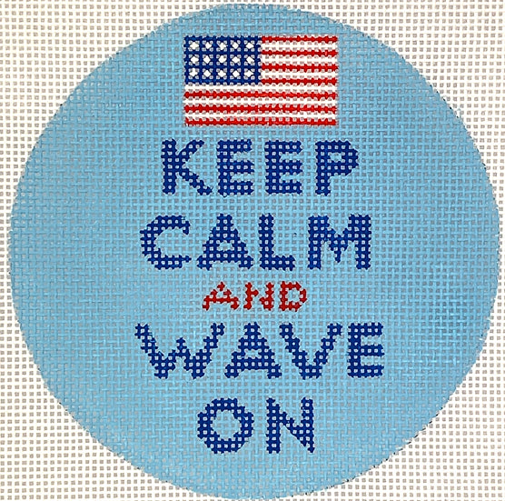 INSMC-60: Planet Earth & Lee 4” Round – Keep Calm & Wave On (American Flag) – on sky blue