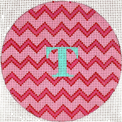 INSMC-85: Planet Earth & Lee 4” Round – Zigzag – pinks & red w/ turquoise letter (specify monogram or blank)