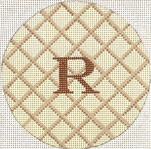 INSMC-88: Planet Earth & Lee 4” Round – Criss Cross Lattice – tans w/ brown letter (specify monogram or blank)