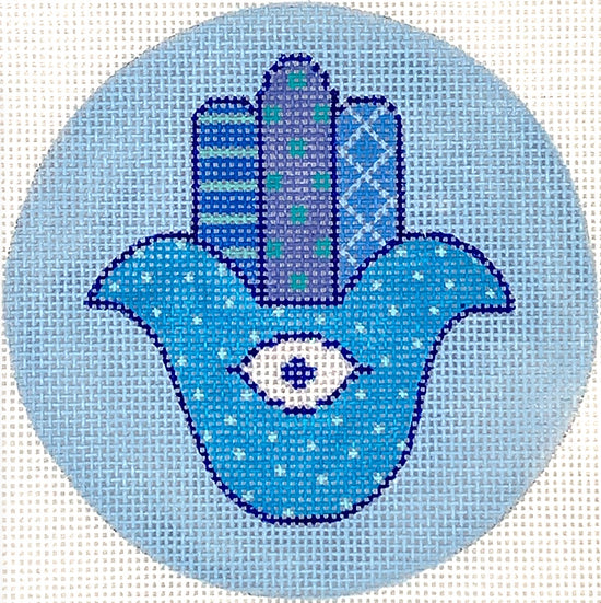 JM-08: Hamsa Hand w/ Protective Eye – mixed blues & sparkly white on light blue