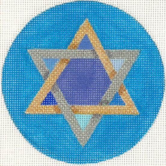 JM-10: Star of David – mixed blues, golds, silvers on bright blue background