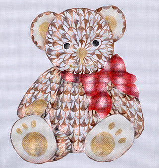 Herend Inspired Fishnet Teddy Bear - Brown w/ Gold & Red Ribbon